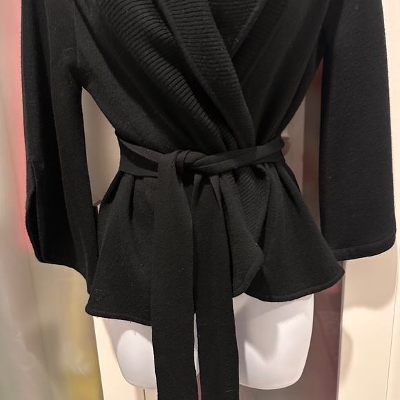 BCBGMaxAzria Black Merino Wool Knit Wrap Belted Cardigan Sweater Jacket Small - Picture 16 of 16